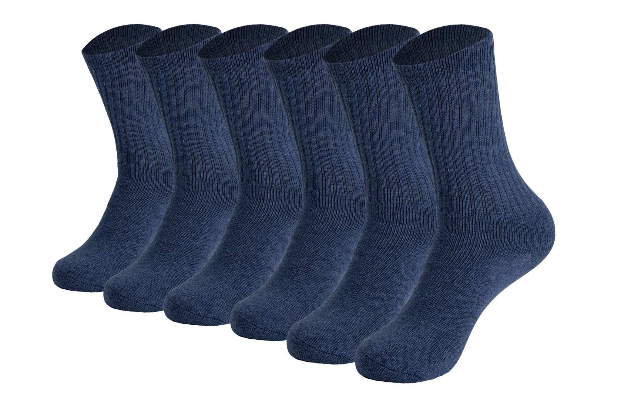 Set of 6 navy blue cotton crew socks, featuring ribbed design for breathability and all-day comfort.