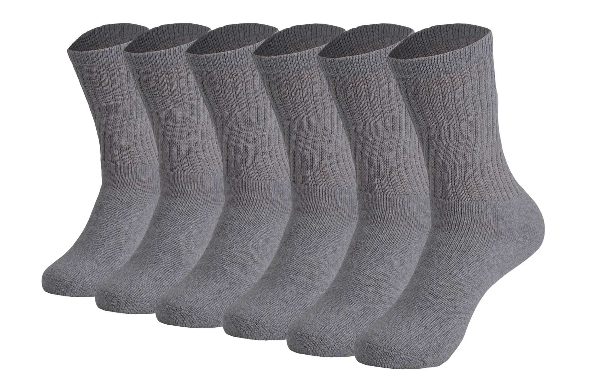 Six pairs of men's gray cotton crew socks with ribbed design, ideal for athletic and casual wear.