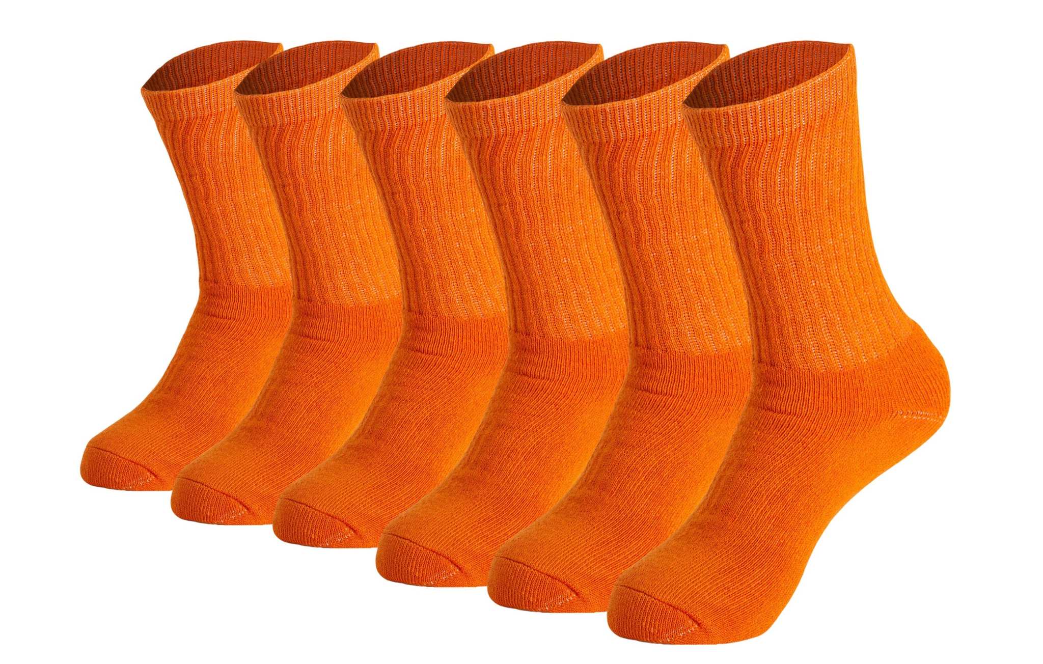 Men's orange cotton crew socks, 6 pairs, cushioned sole for comfort and durability.