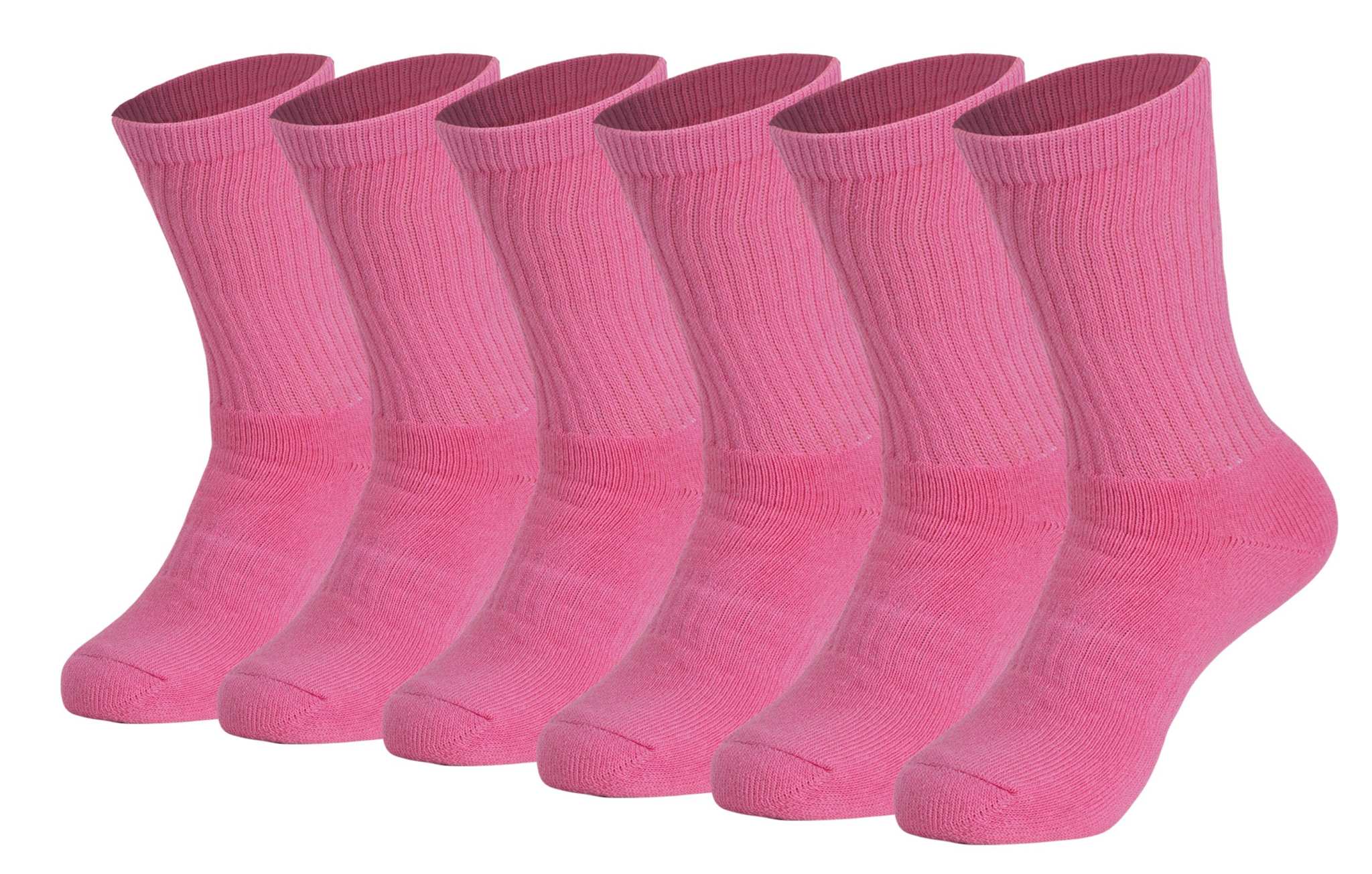 Six pairs of men's pink cotton crew socks with breathable design and cushioned sole for comfort and moisture-wicking.