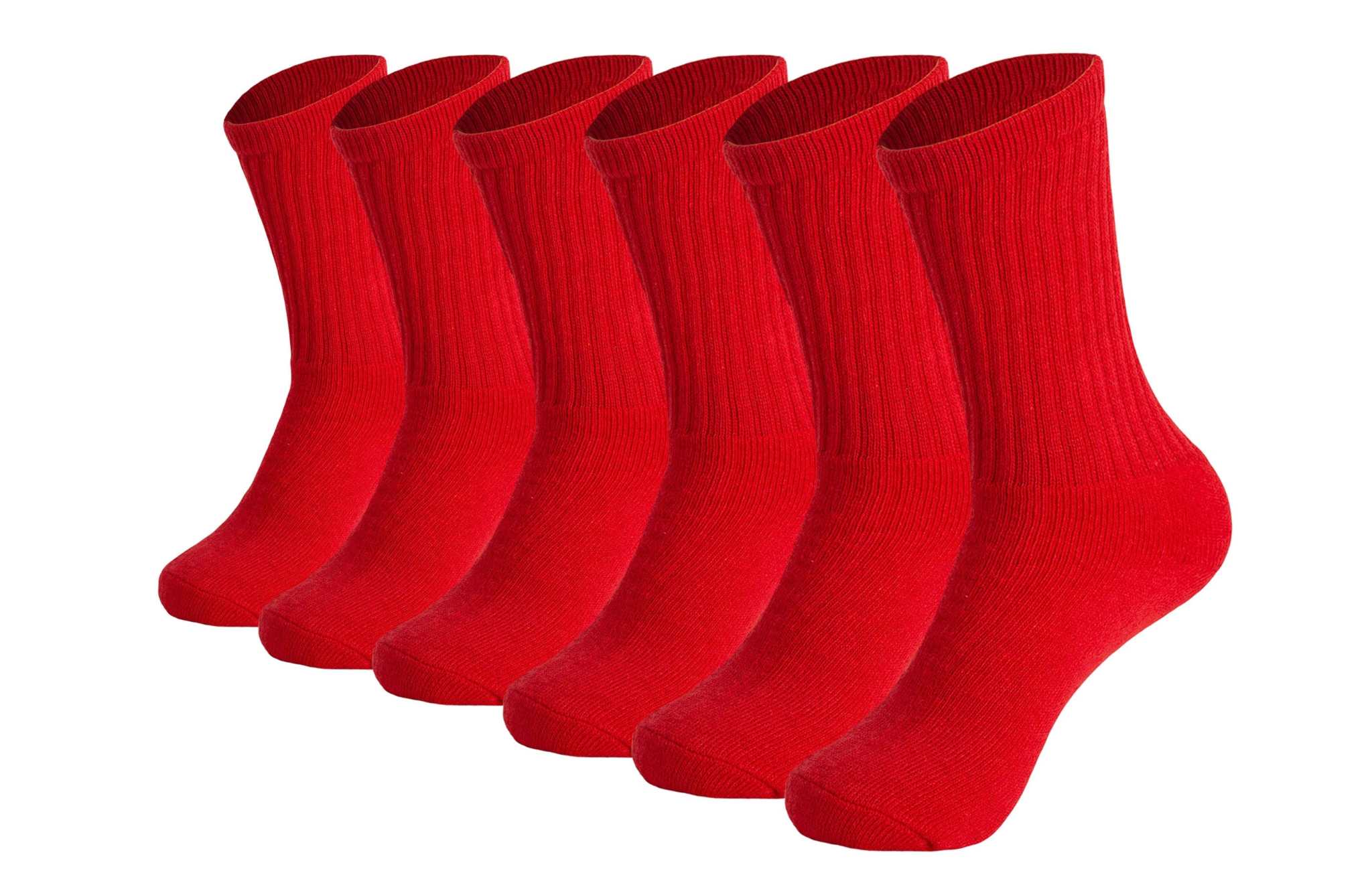 Six pairs of red men’s cotton crew socks with ribbed design and cushioned soles for comfort and breathability.