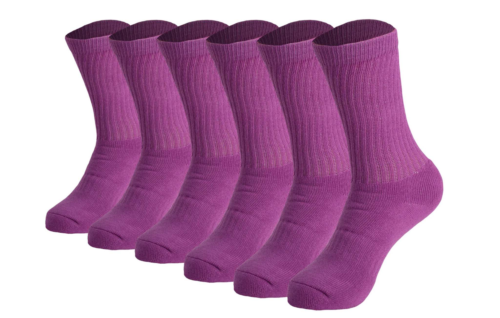 Set of 6 pairs of men's cotton crew socks in purple, featuring a cushioned sole and breathable design.