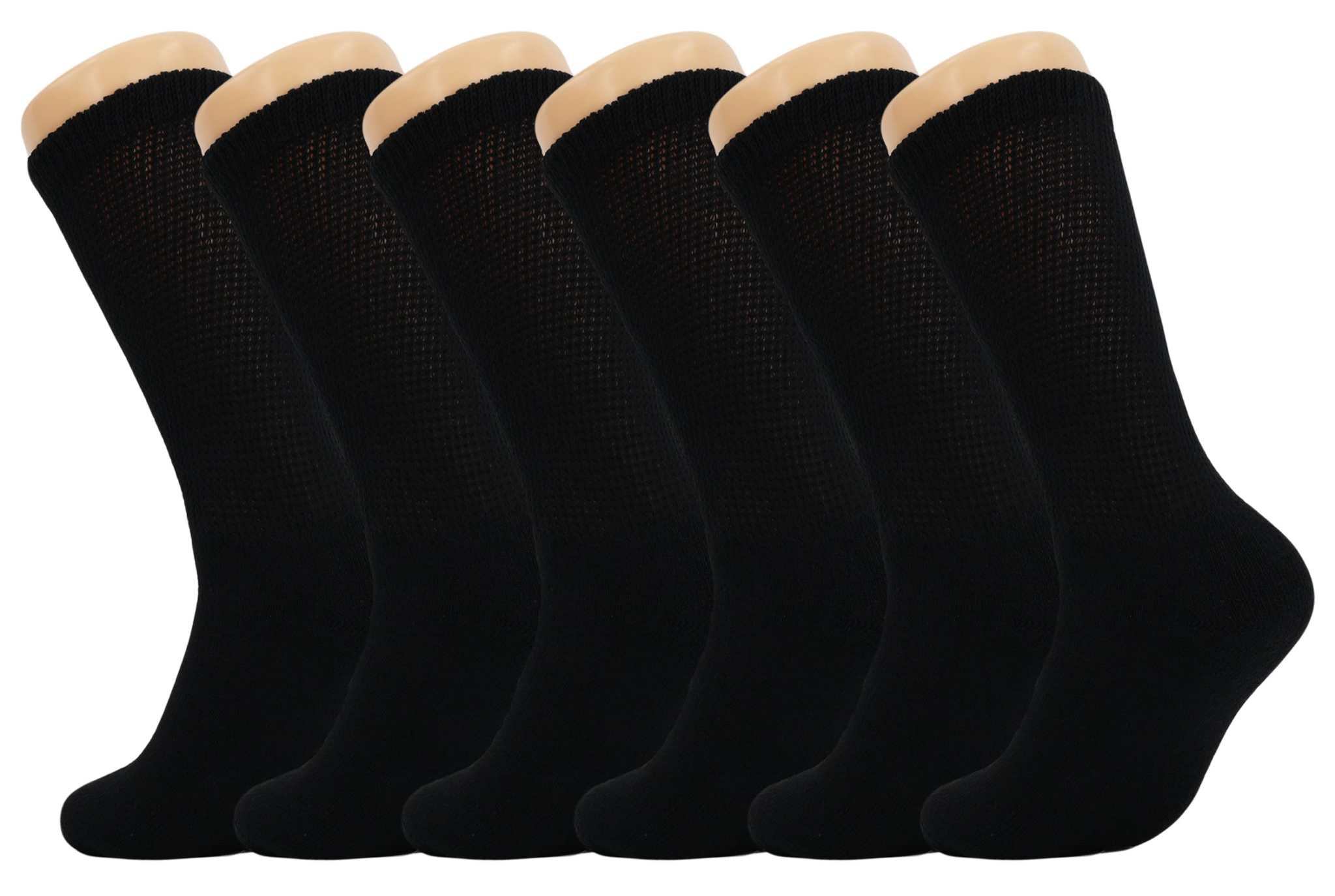 6 pairs of black men’s diabetic loose fit crew socks with cushioned soles and non-binding tops