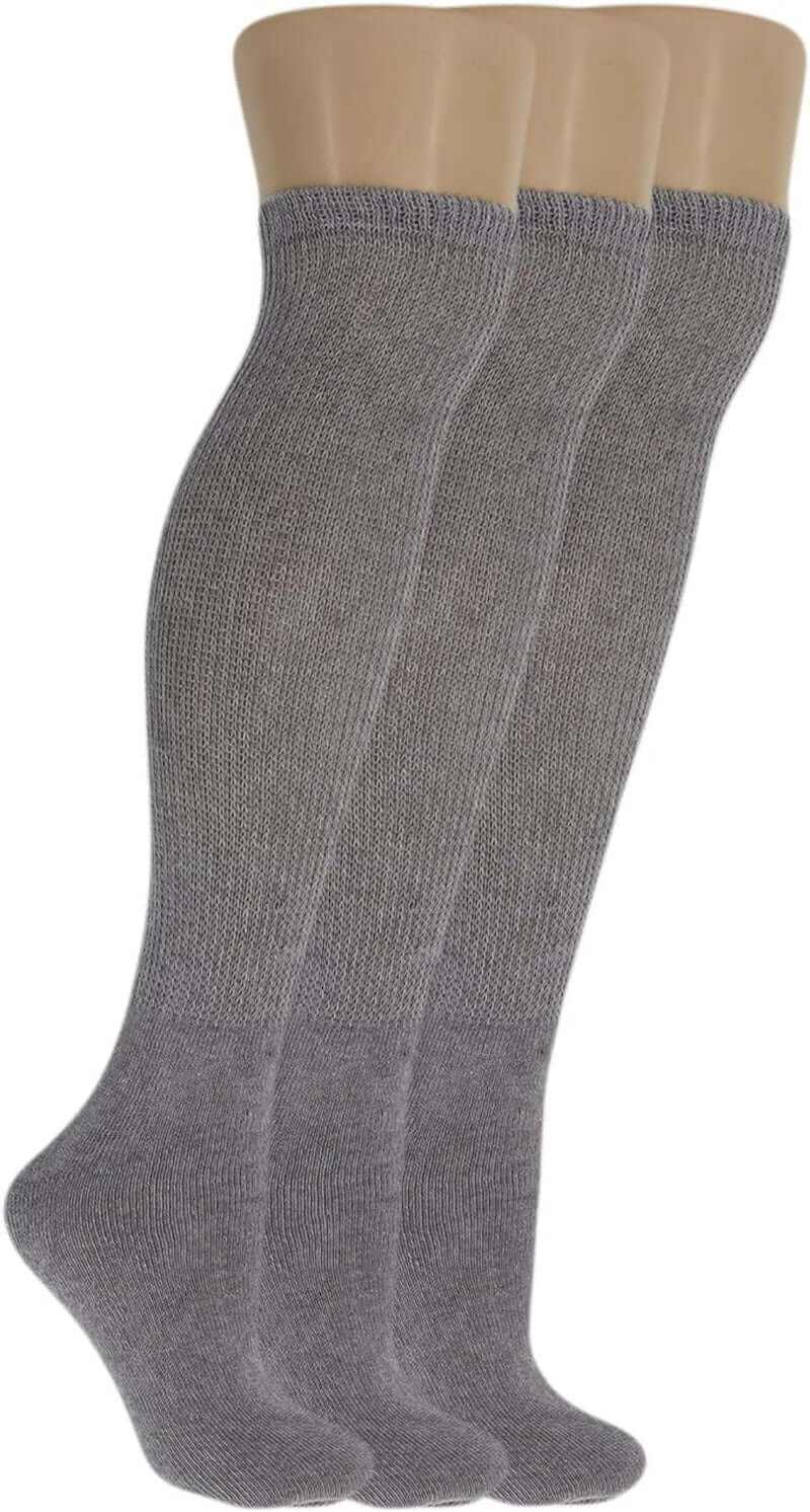 Three pairs of gray men's diabetic knee-high socks with non-binding top and cushioned footbed for circulation support and comfort