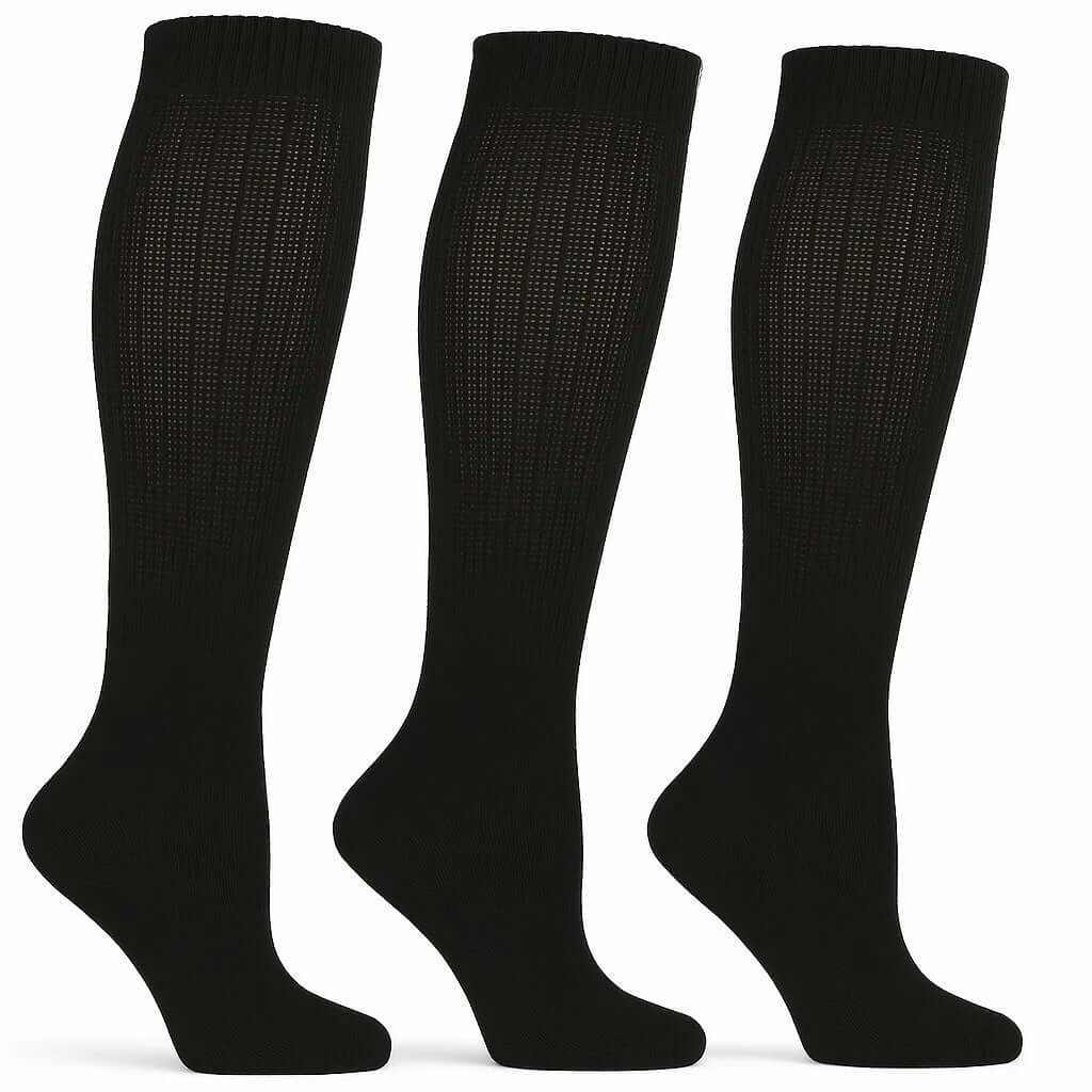 Three pairs of black men’s diabetic knee-high socks with breathable fabric and non-binding tops for comfort and circulation support.