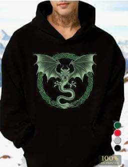 men's black printed hoodie with green dragon design made of polyester and spandex