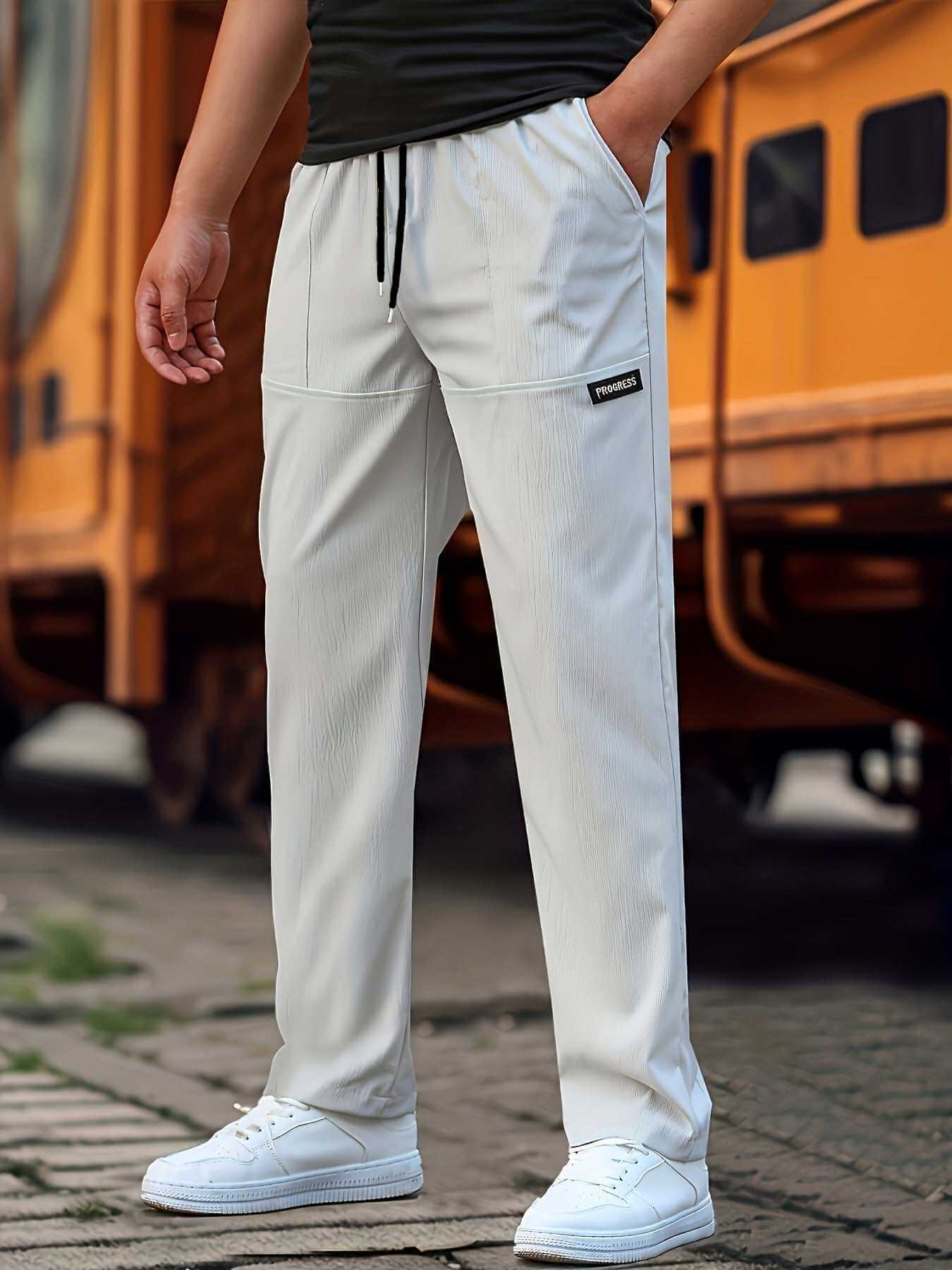 men's fashion sweatpants white casual drawstring pants with pockets