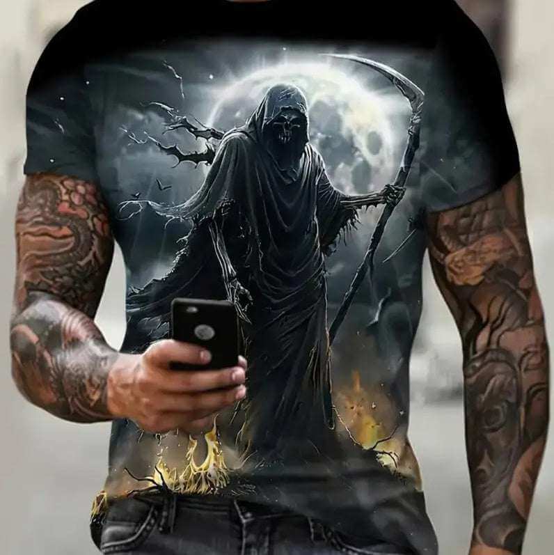 Men's printed short-sleeved t-shirt with grim reaper design, made of 95% polyester for comfort, suitable for casual wear