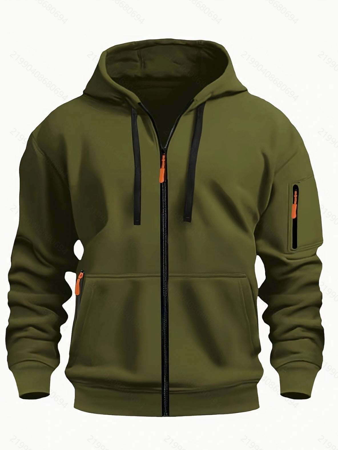 men's hooded sweatshirt cardigan in army green with zip front and pockets