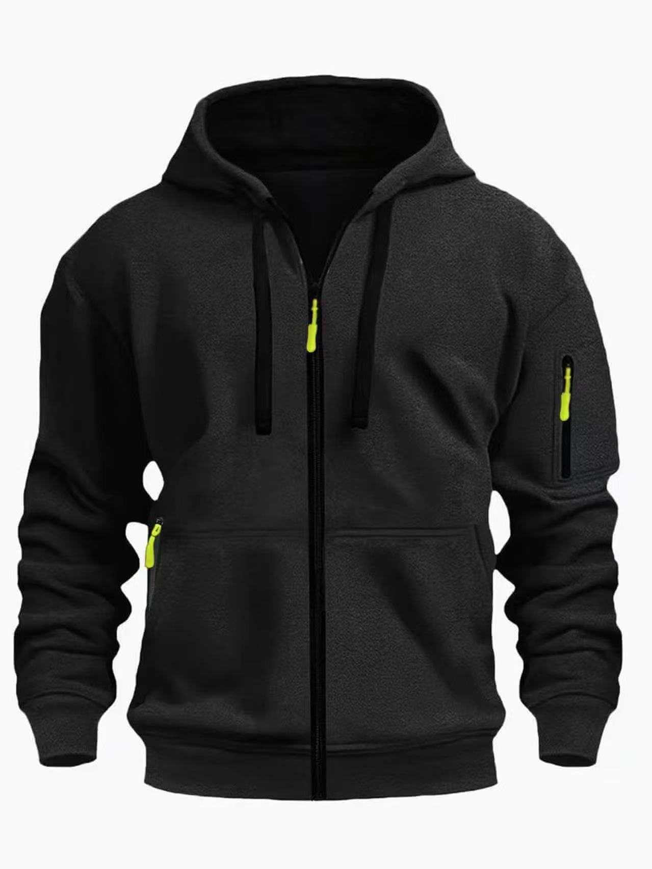 men's black hooded sweatshirt cardigan with zipper and neon green accents