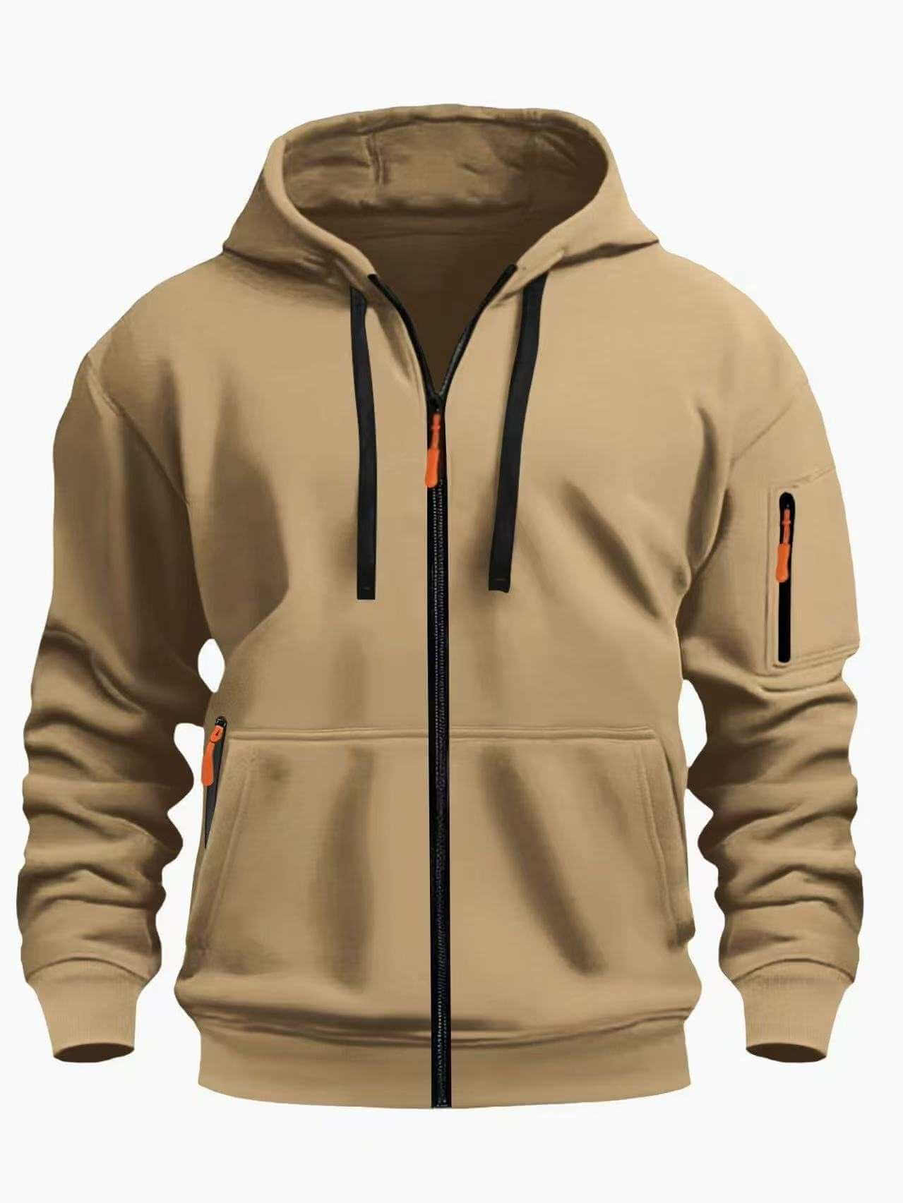 men's camel hooded sweatshirt cardigan with zipper and pockets