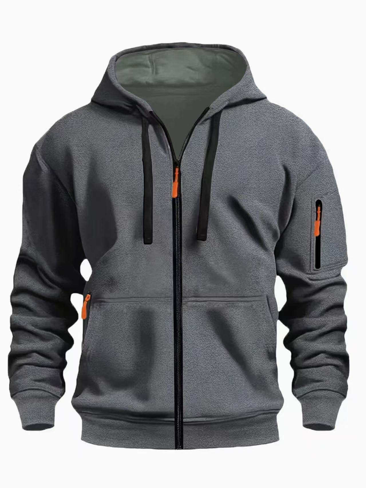 men's hooded sweatshirt cardigan in dark gray with zipper and pockets