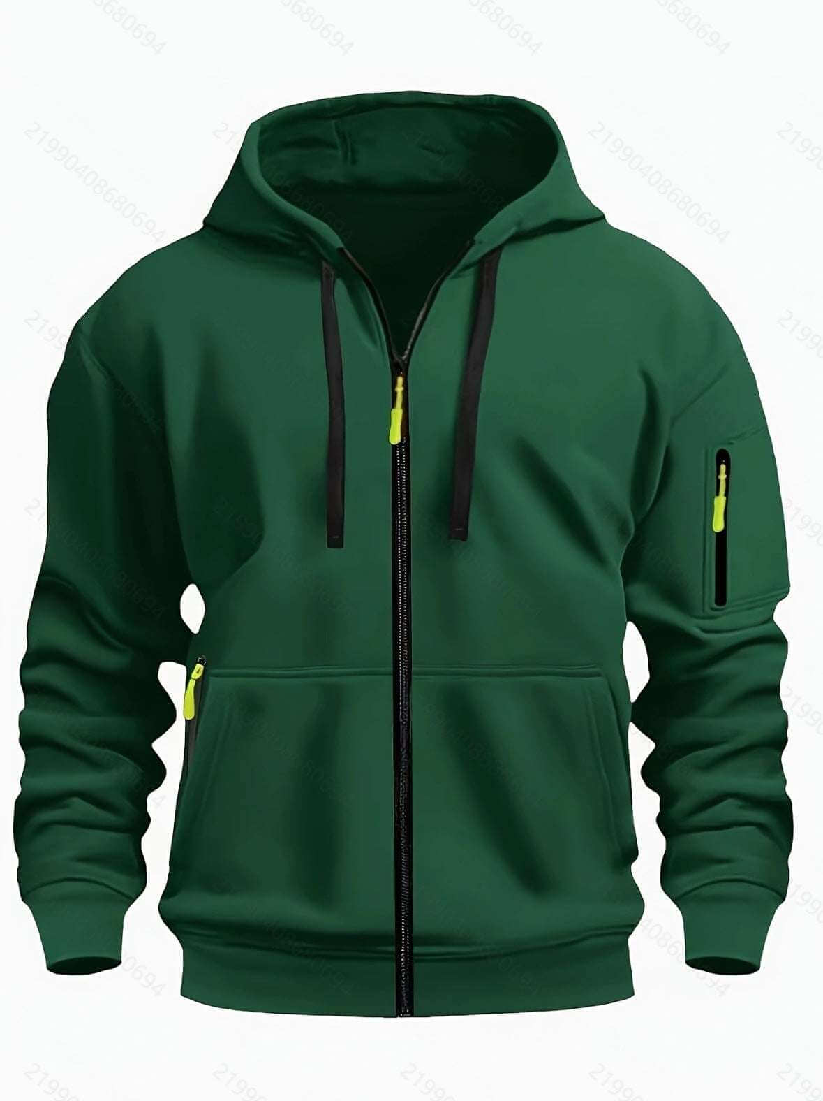men's hooded sweatshirt cardigan in dark green with zipper and pockets, wool lining, long sleeve hoodie