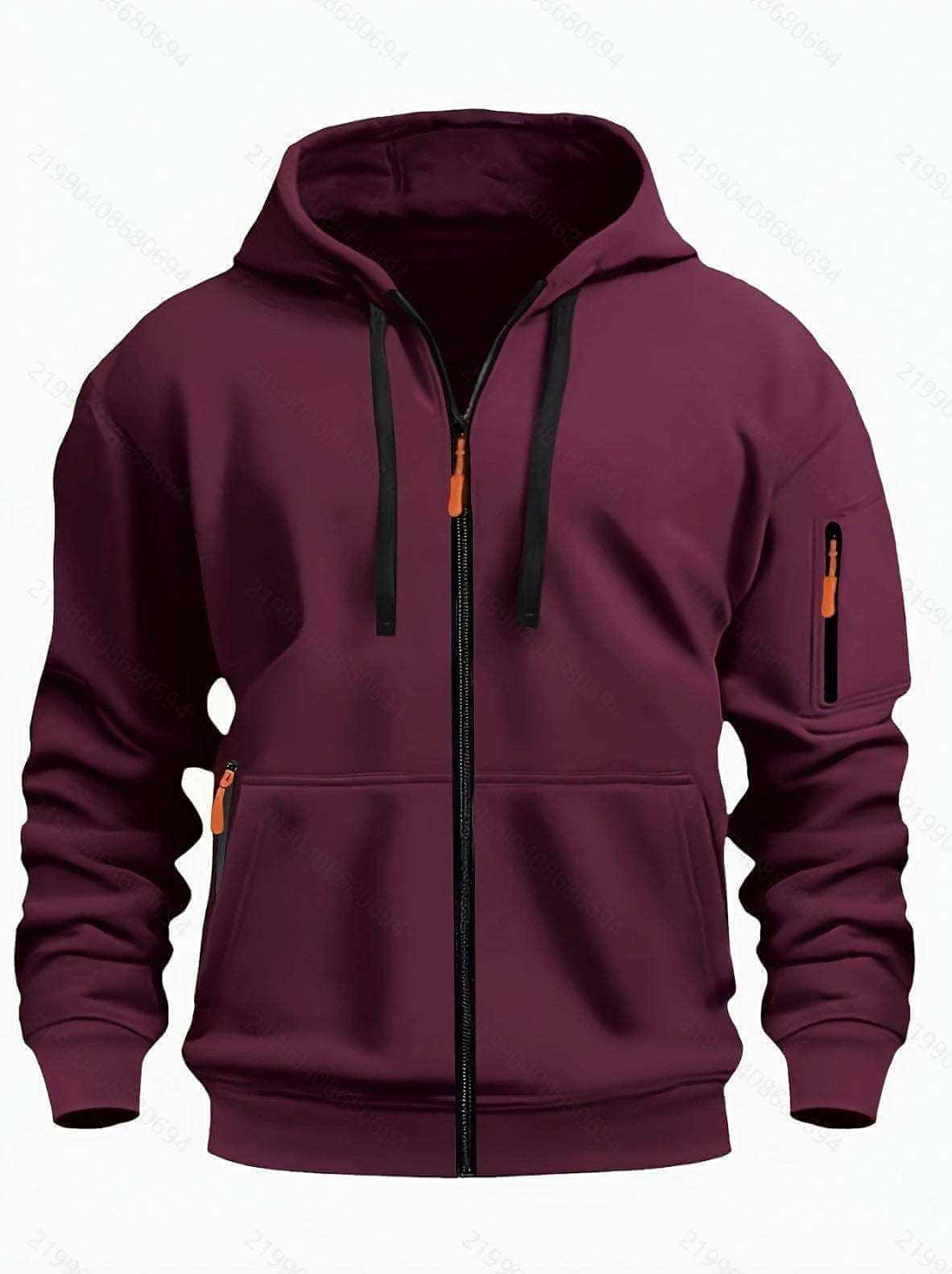 men's hooded sweatshirt cardigan in wine red with zipper and pockets
