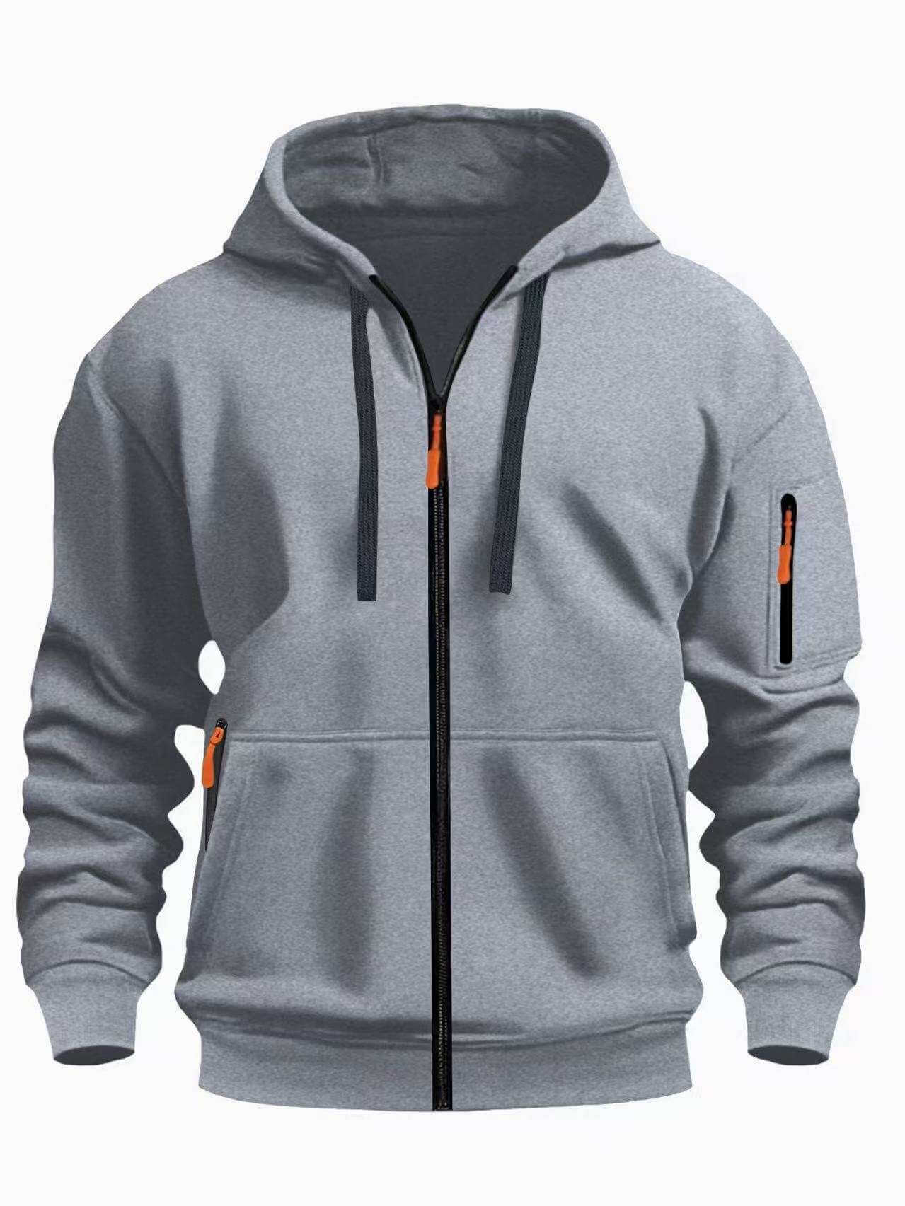 men's hooded sweatshirt cardigan in gray with front zipper and pockets