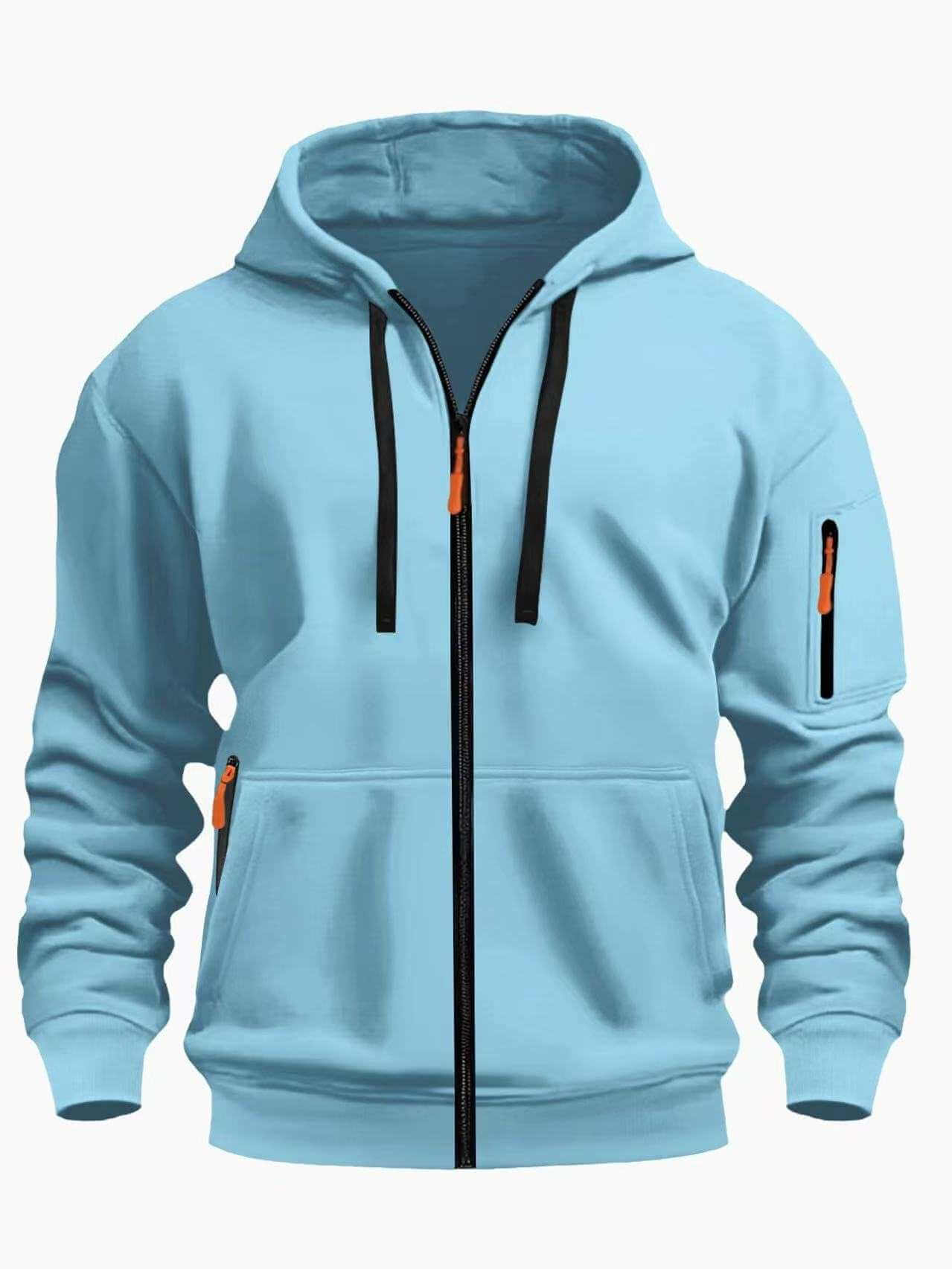 men's light blue hooded sweatshirt cardigan with zipper and pockets
