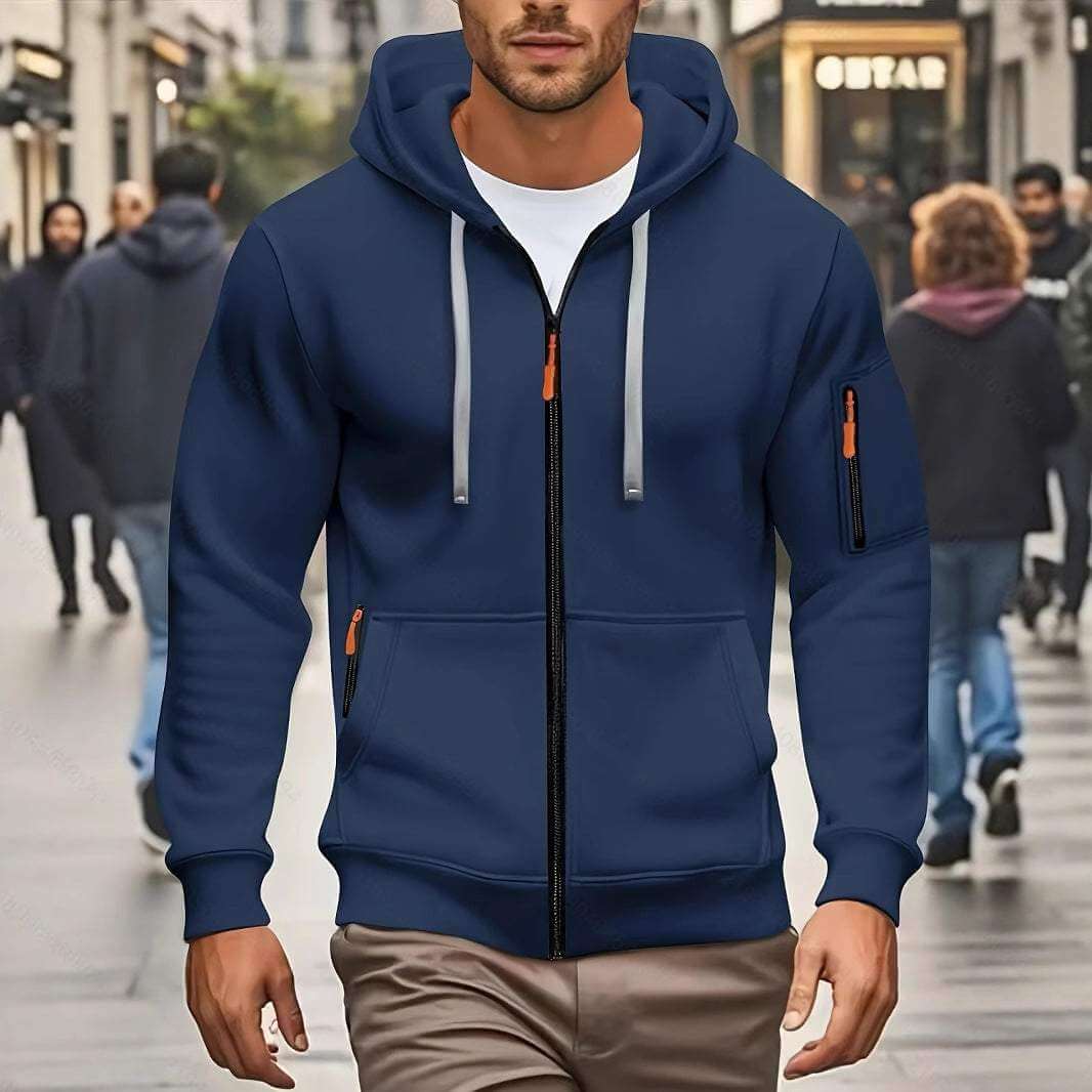 men's hooded sweatshirt cardigan in navy blue, long sleeves, outdoor setting