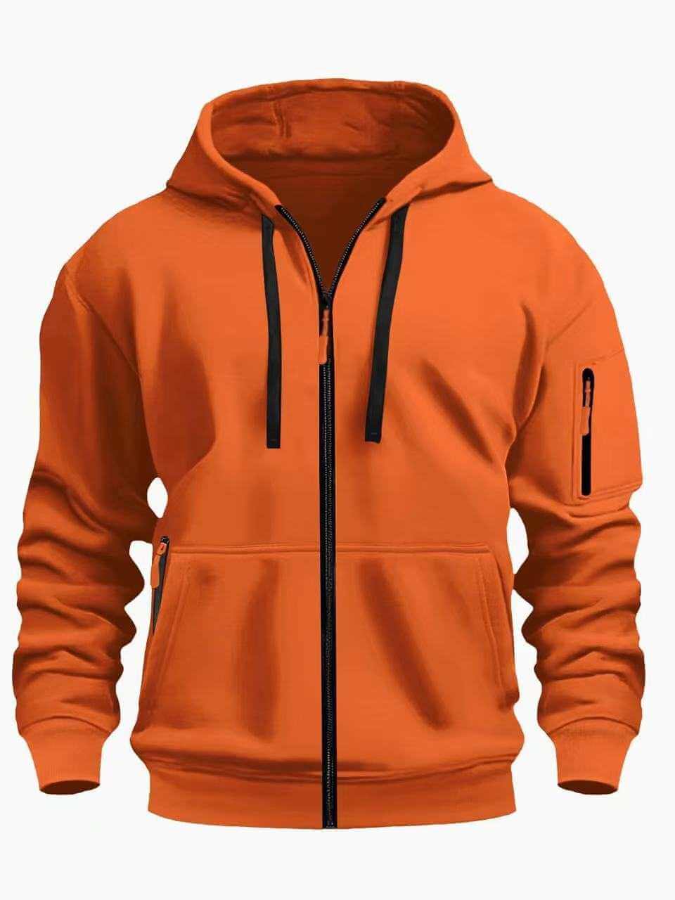 orange men's hooded sweatshirt cardigan with front zipper and zippered sleeve pocket