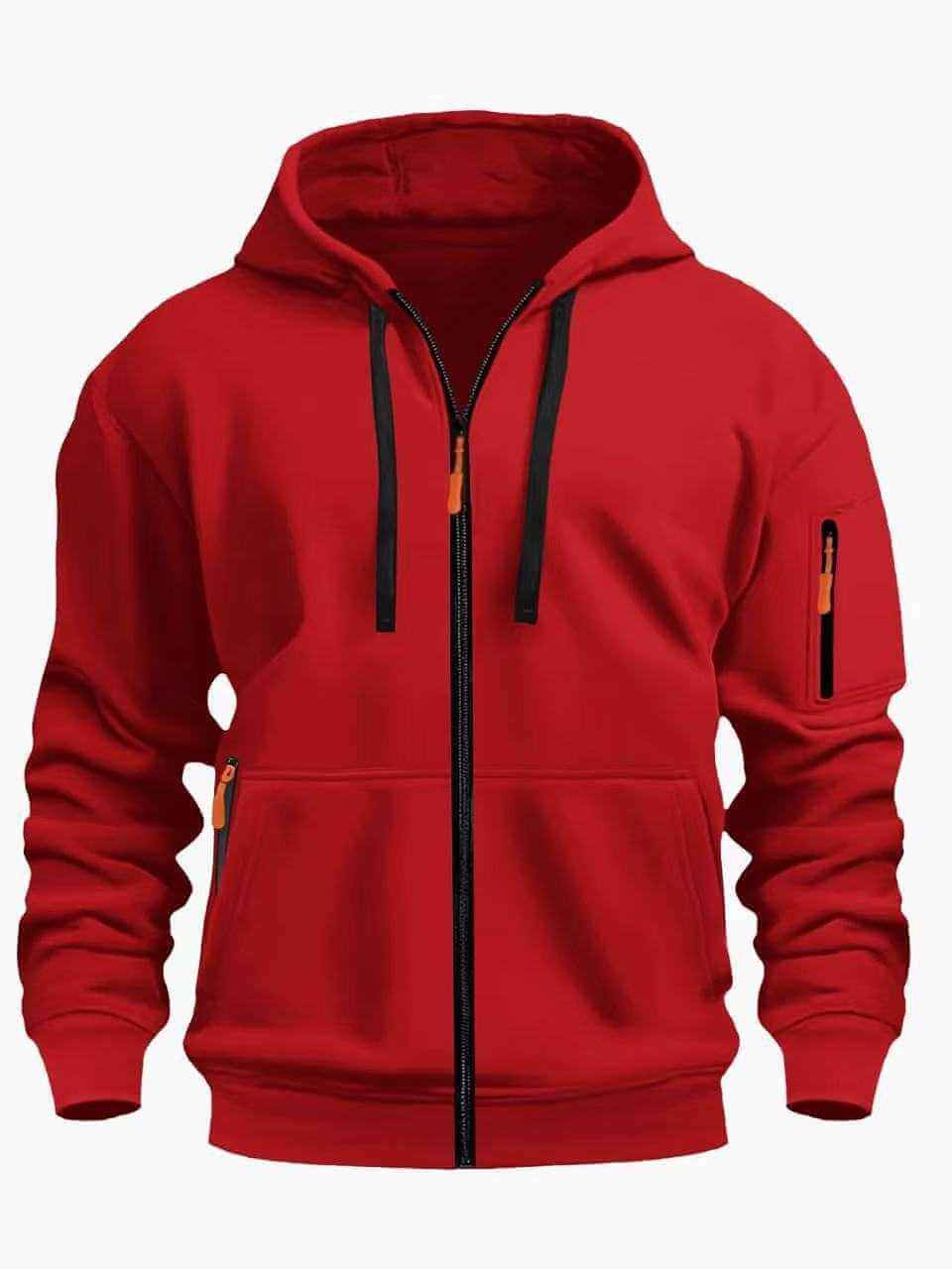 red men's hooded sweatshirt cardigan with front zipper and pockets