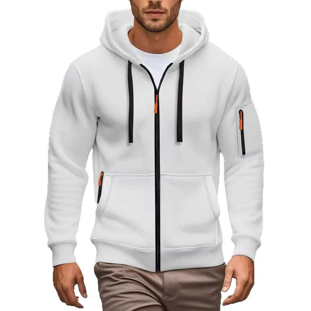 men's white hooded sweatshirt cardigan with black zipper and pocket details