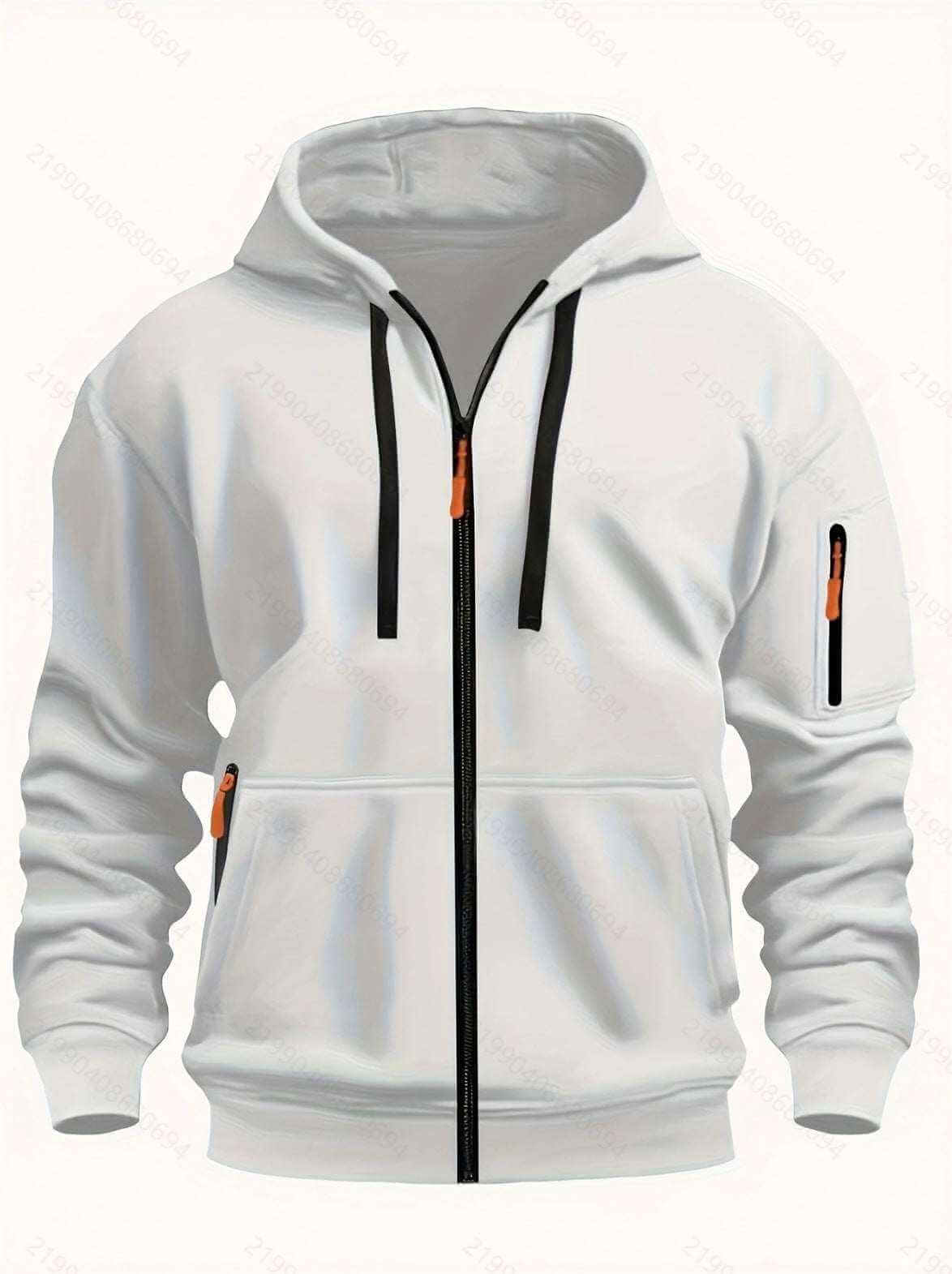 white men's hooded sweatshirt cardigan with black zippers and drawstrings