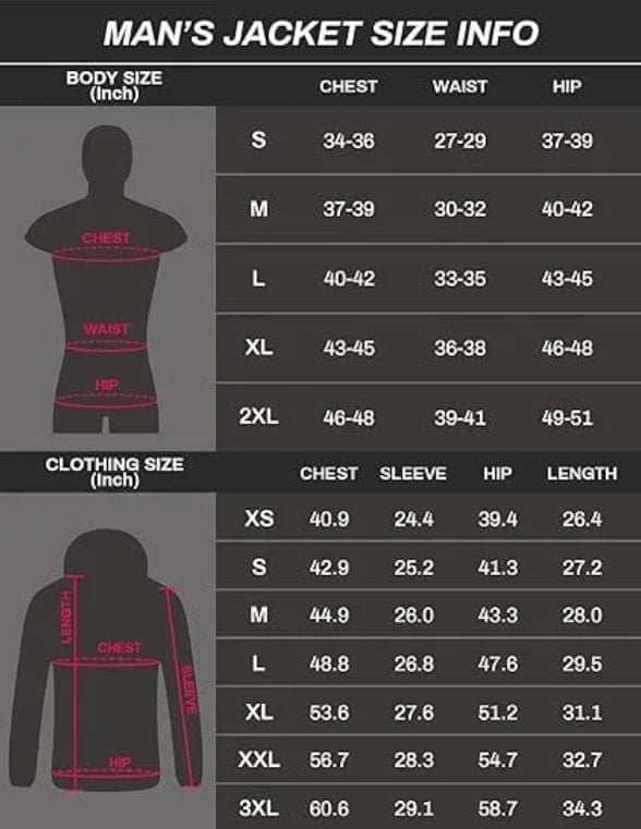 Men's heated jacket size chart with chest, waist, hip, sleeve, and length measurements for soft shell heating hood jacket