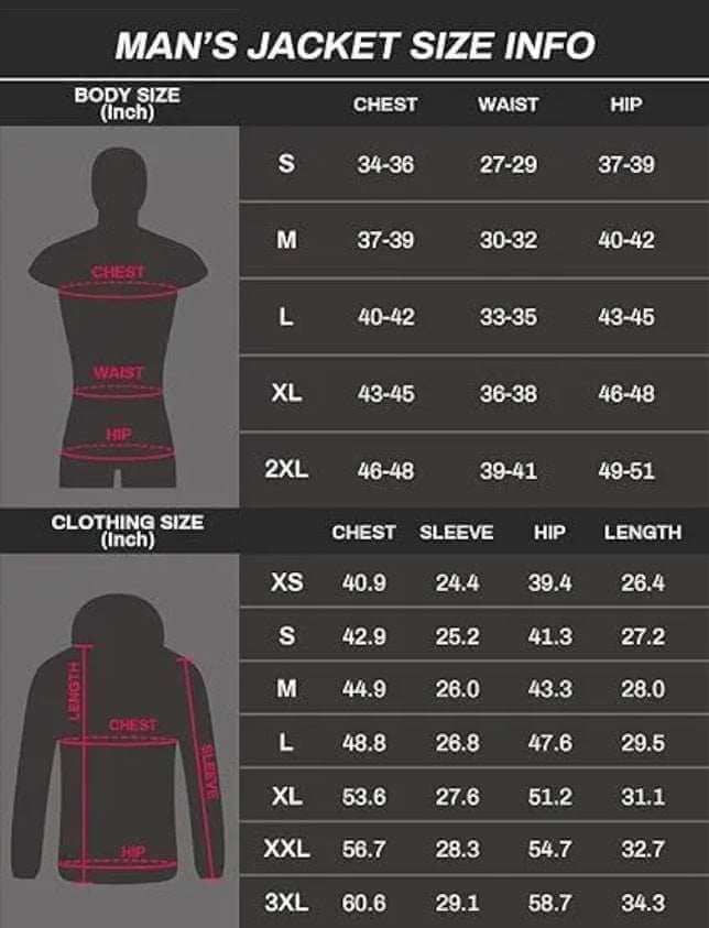 Men's heated jacket size chart showing chest, waist, hip, sleeve, and length measurements for various sizes from XS to 3XL