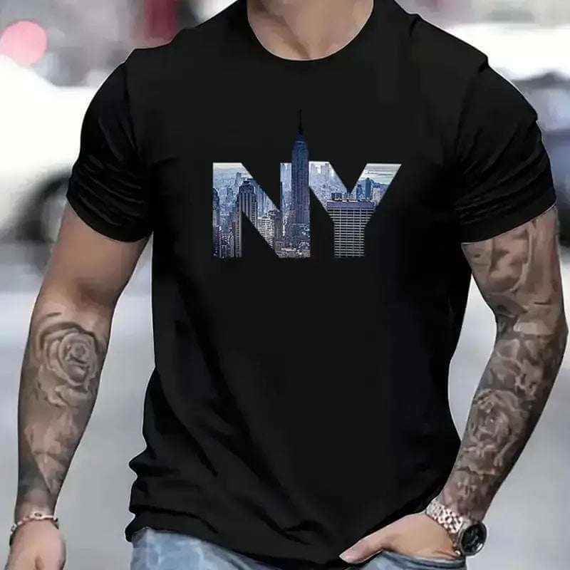 Men's black printed short-sleeved t-shirt with NY city skyline design, made of polyester and spandex
