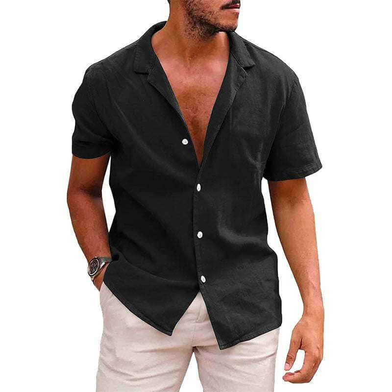 men's short sleeve beach shirt black linenCotton casual lapel collar breathable