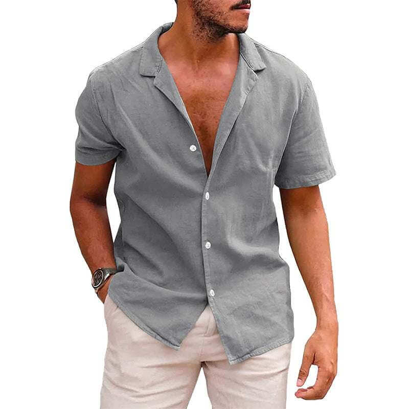 men's short sleeve beach shirt in gray linen cotton, casual loose fit with lapel collar for summer wear