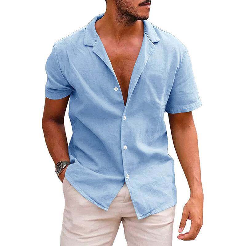 Men's short sleeve beach shirt in light blue linen cotton fabric with lapel collar and loose fit