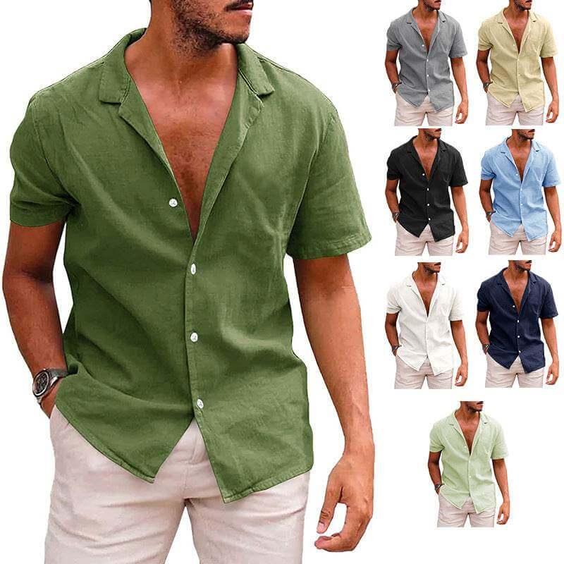 men's short sleeve beach shirt in various colors made of breathable linen cotton with lapel collar and loose fit