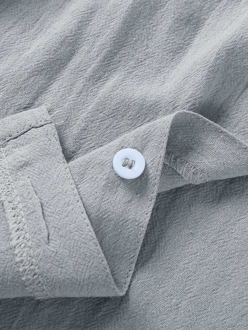 Close-up of gray men's short sleeve beach shirt linenCotton fabric with button and lapel collar details