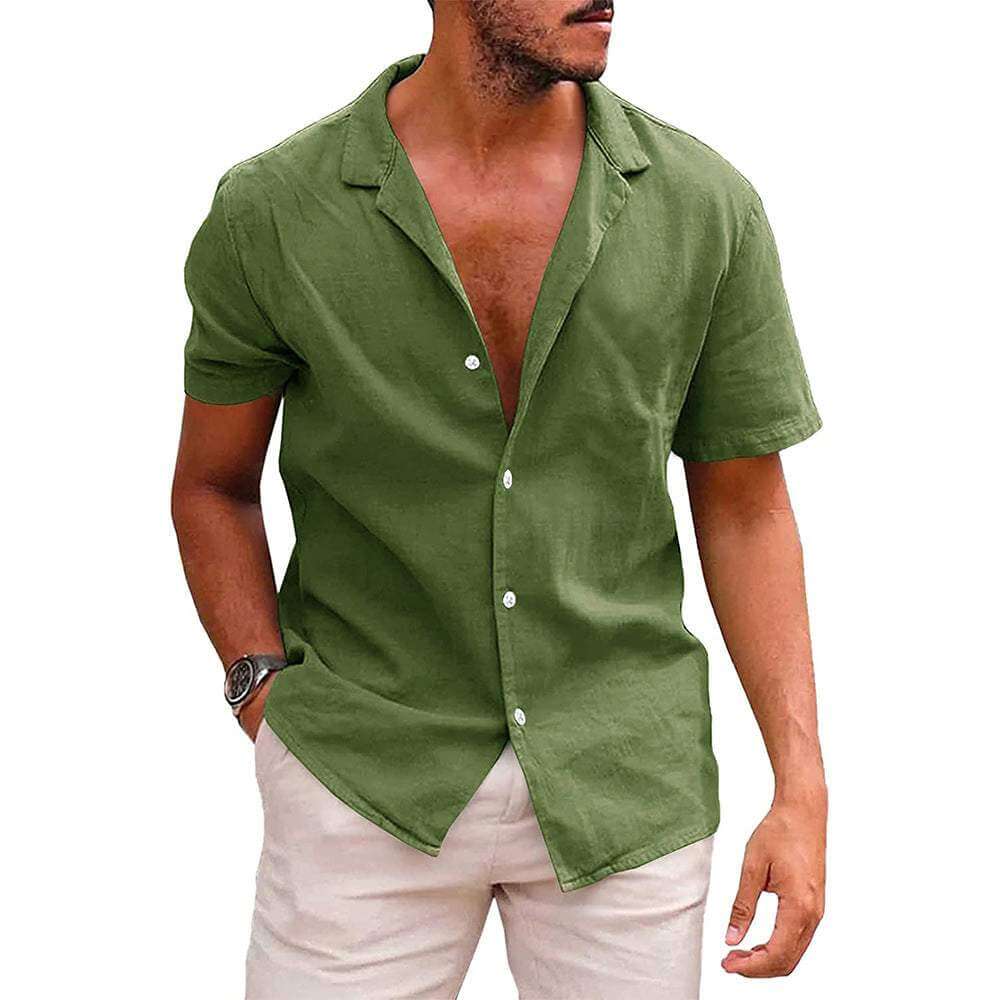 men's short sleeve beach shirt in olive green linenCotton with lapel collar and loose fit