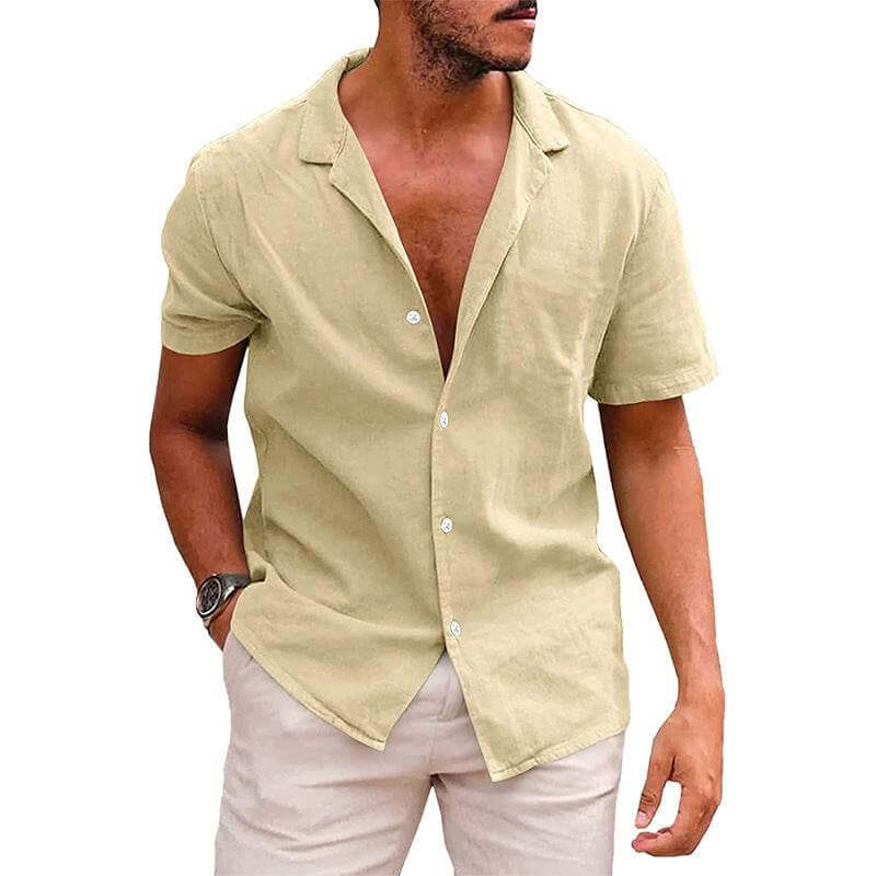 men's short sleeve beach shirt in beige linenCotton with lapel collar and button front