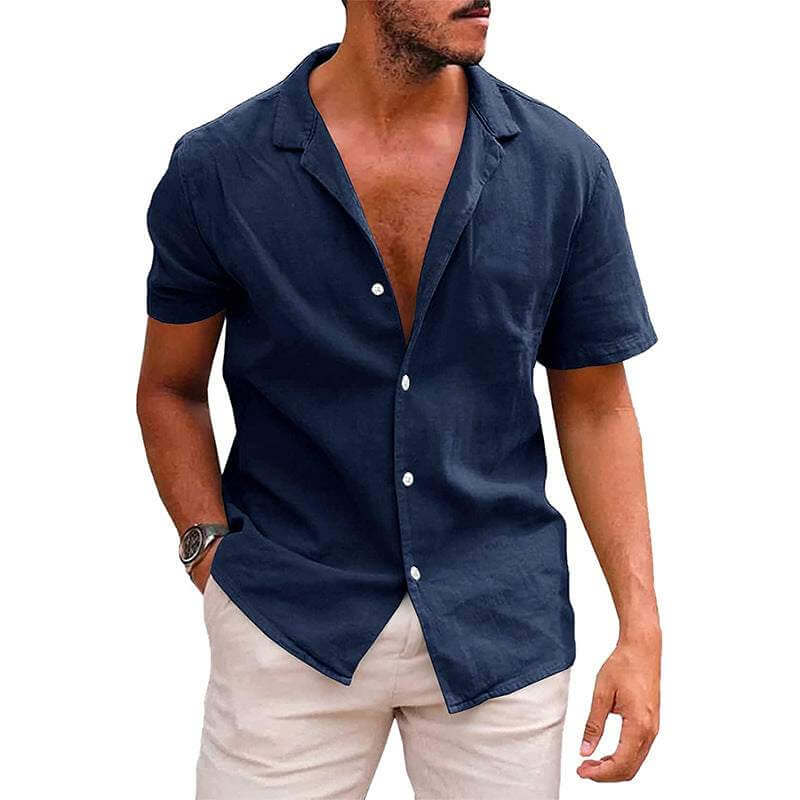 men's short sleeve beach shirt in navy blue linen cotton with lapel collar and button front, casual loose fit for summer