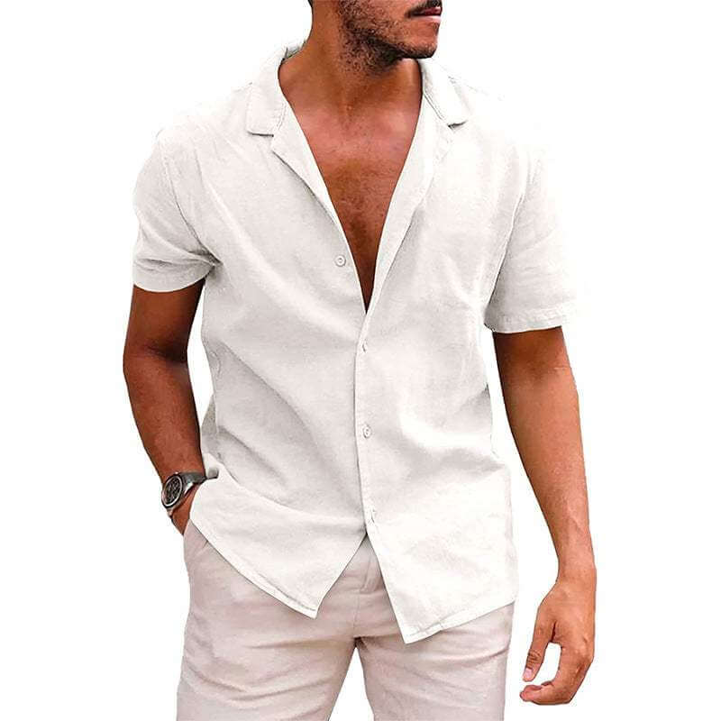 men's short sleeve beach shirt in white linenCotton fabric with lapel collar and loose fit