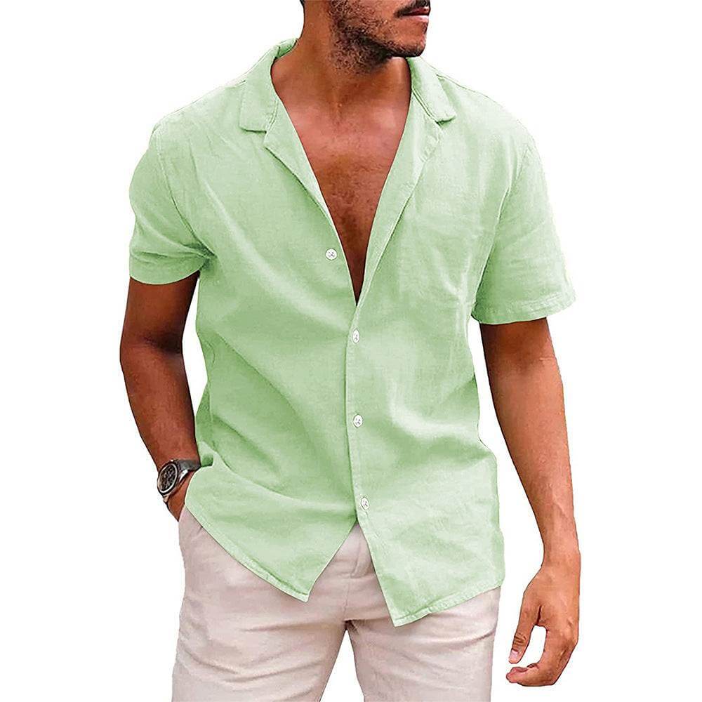 men's short sleeve beach shirt in light green linen cotton with lapel collar and button front