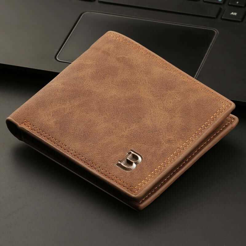 Men's slim compact leather wallet in brown, showcasing minimalist design and premium craftsmanship.