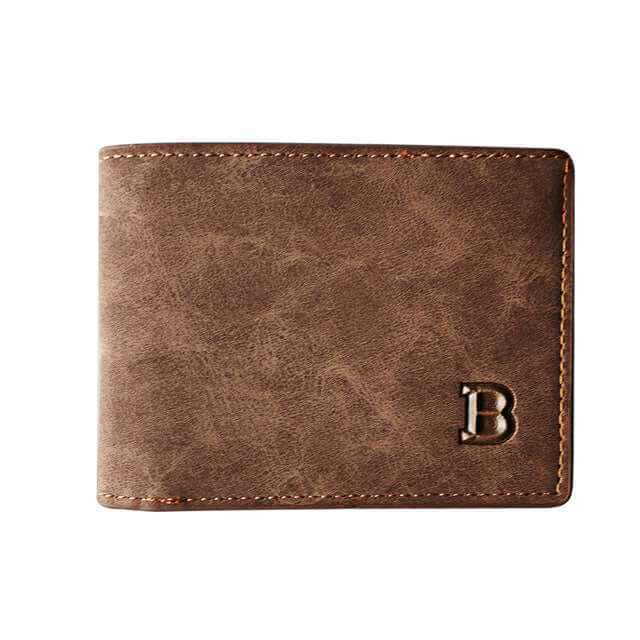 Men's slim compact pocket wallet in brown leather with embossed logo, perfect for minimalist style and functionality.