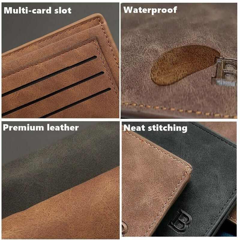 Men's slim compact wallet showcasing multi-card slot, waterproof feature, premium leather, and neat stitching.