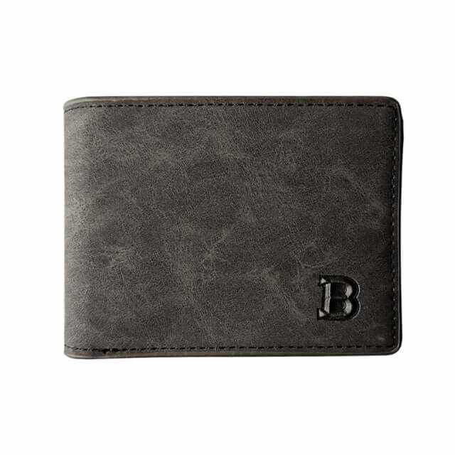 Men’s Slim Compact Pocket Wallet in dark grey leather with a minimalist design and embossed logo.