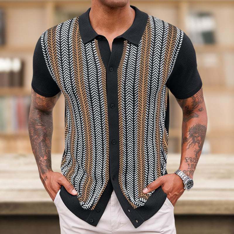 men's striped jacquard sweater in green, black, and brown with short sleeves and button-up front