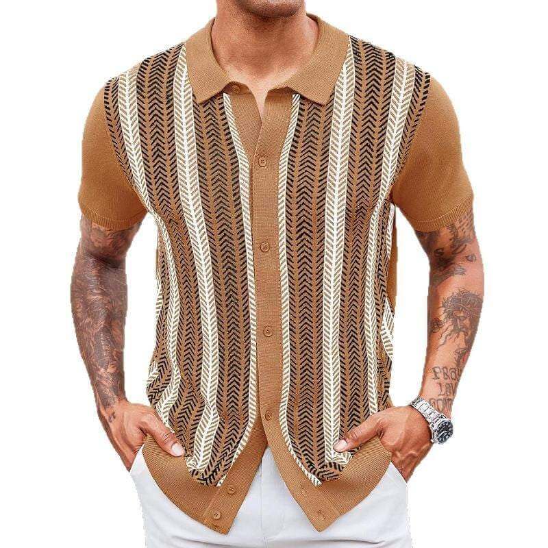 men's striped jacquard sweater in brown with vertical patterned stripes and short sleeves