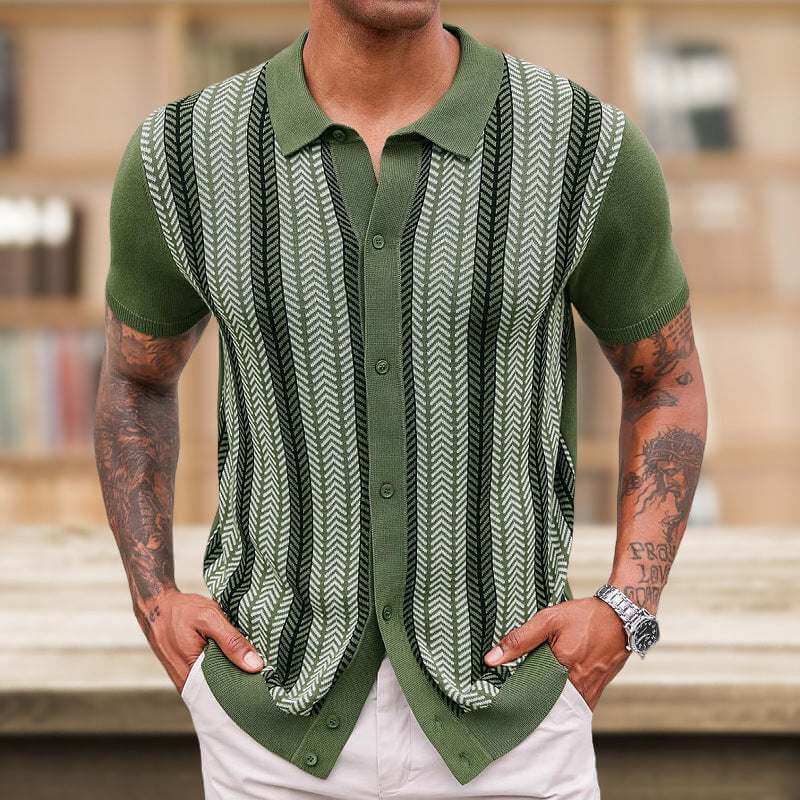 Men's green, black, and brown striped jacquard button-up short sleeve sweater with collar