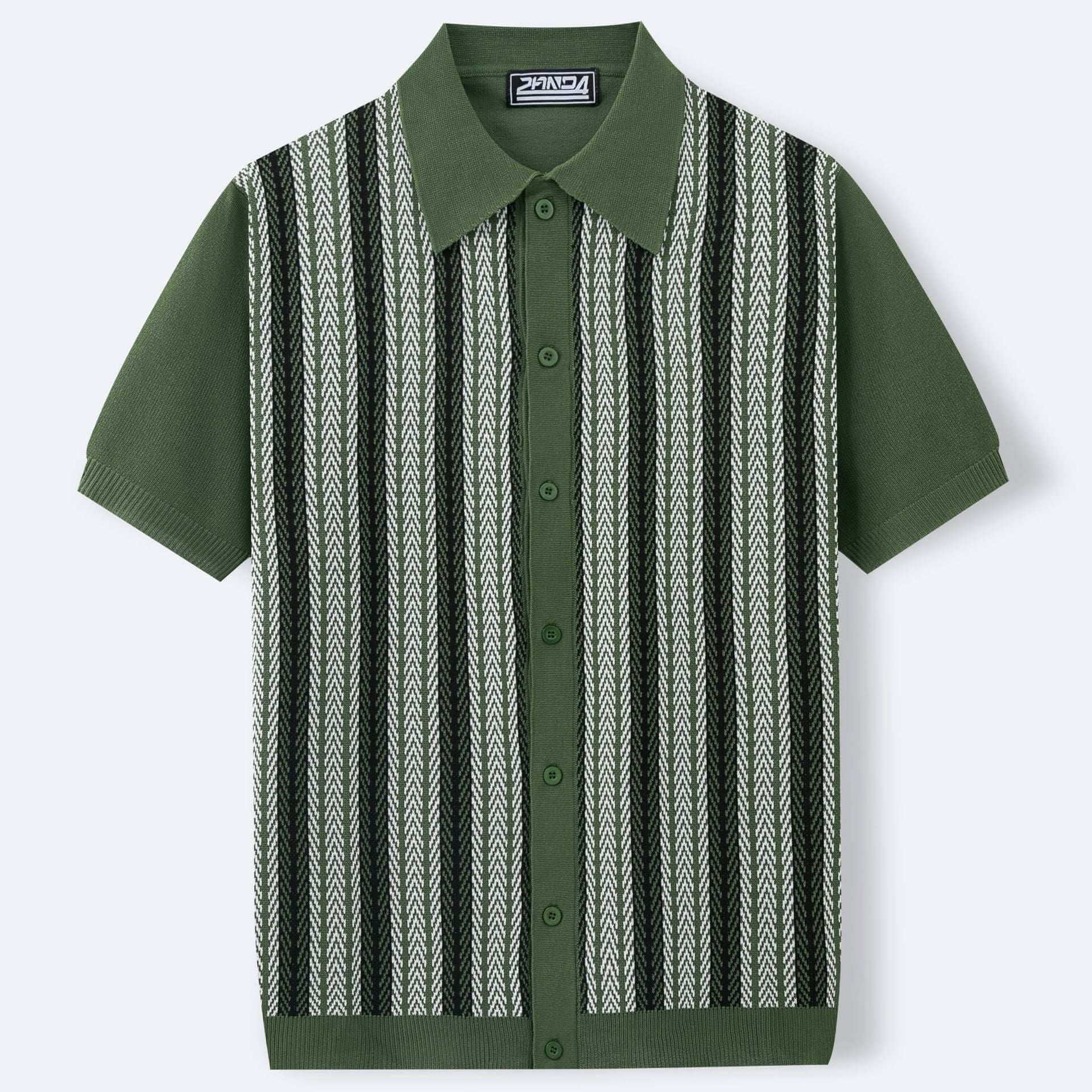 men's short sleeve striped jacquard sweater in green black and brown with button front