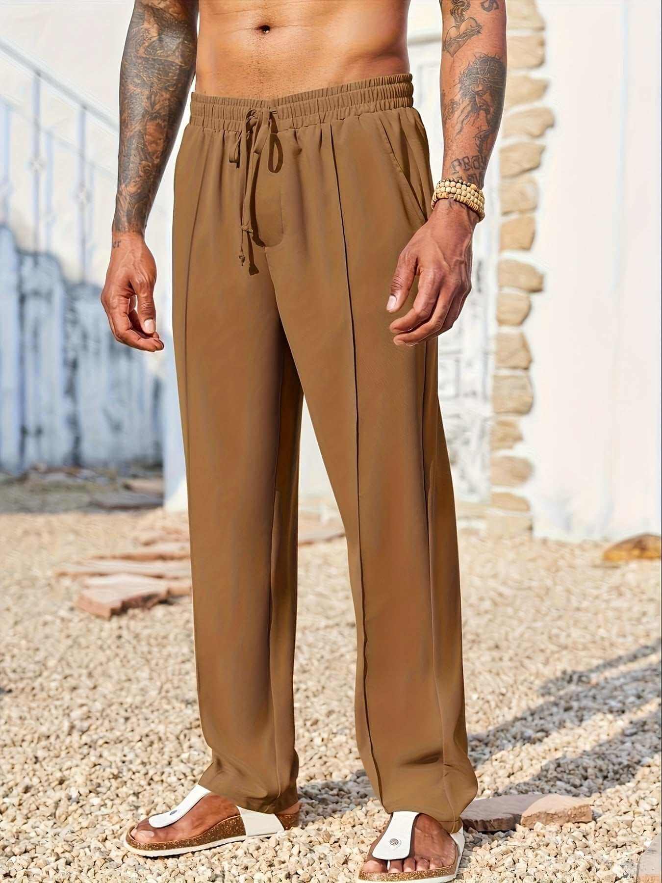 men's trendy casual brown drawstring pants with relaxed fit and side seam detail