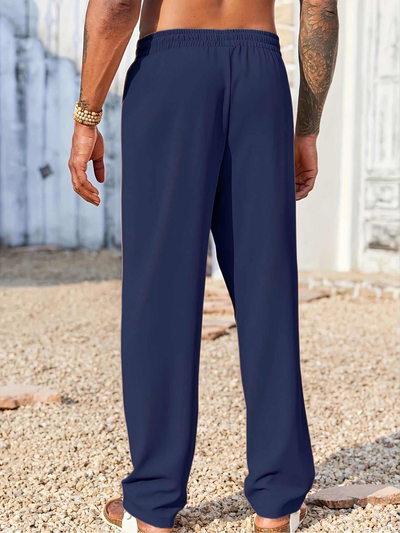 men's trendy casual pants navy blue straight fit comfortable elastic waistband