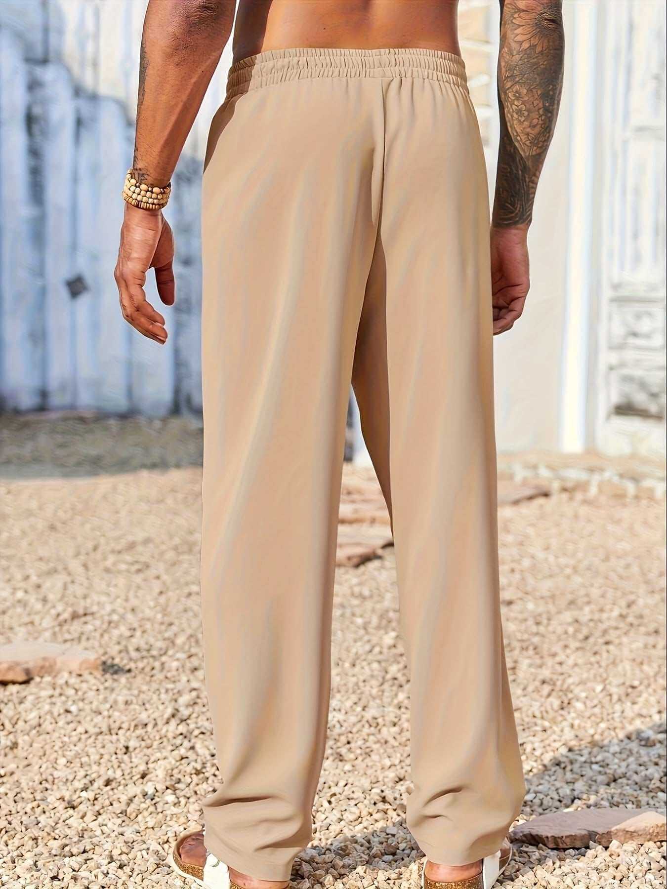Men's trendy casual beige pants with elastic waistband and straight fit