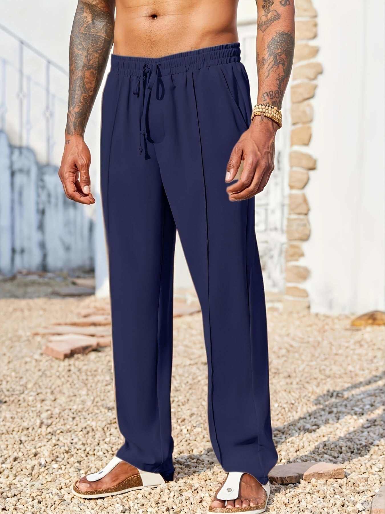 men's trendy casual navy blue pants with drawstring waist and straight fit